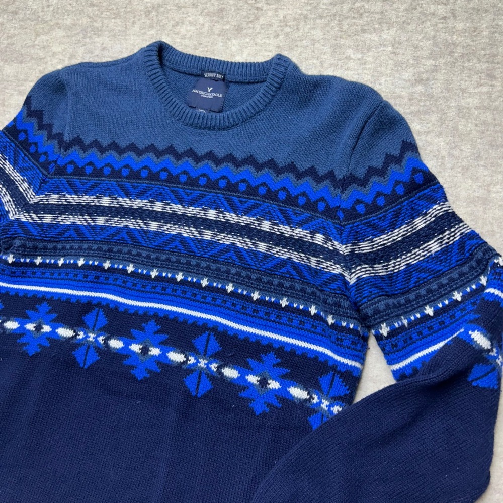 Y2K American Eagle Outfitters Sweater‎ Mens M Blue Patterned Crew Neck Soft Knit